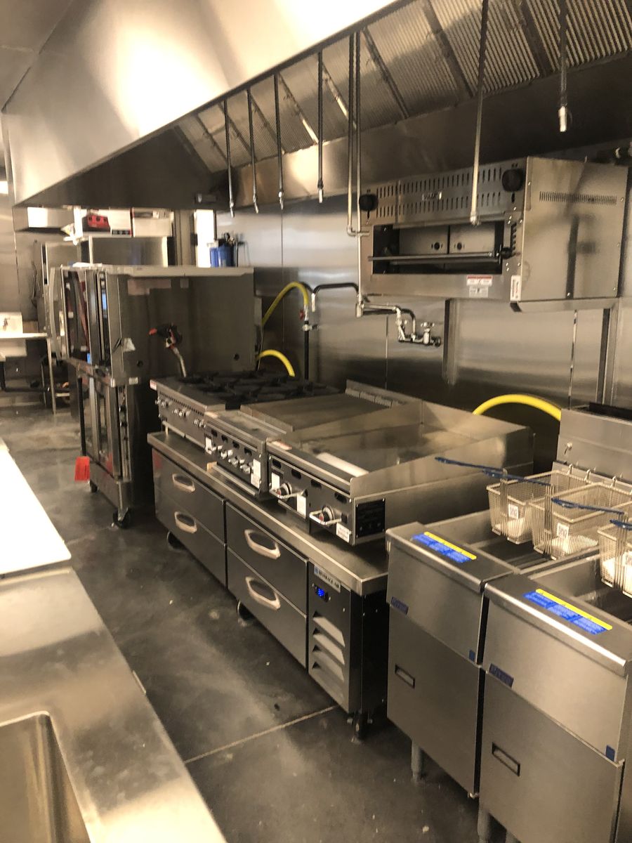 A restaurant kitchen line before service